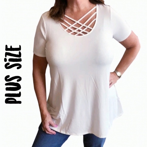 White Ivory Criss Cross Caged Plus long Blouse Top - Picture 2 of 2